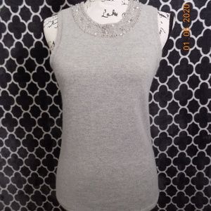 DKNY Gray Wool & Rabbit Beaded Sleeveless Shirt
